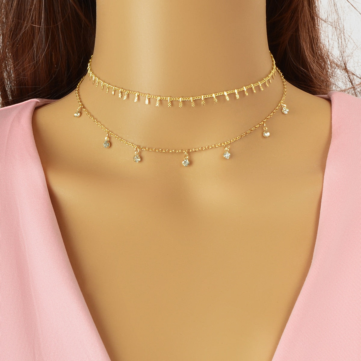 2 pcs Rhinestone Charm Layering Chain Necklace Personalized Women Choker